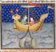 France / Greece: Alexander the Great exploring the ocean depths in a submerged barrel. Illuminated illustration from the <i>Roman d'Alexandre</i> or <i>Li Romans d'Alixandre</i> ('Romance of Alexander'), 12th century